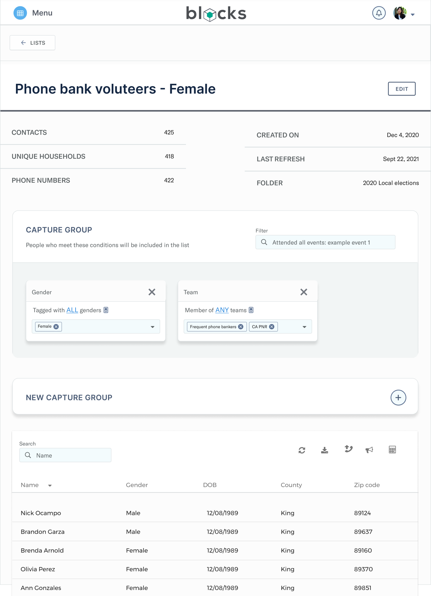 Blocks lists view